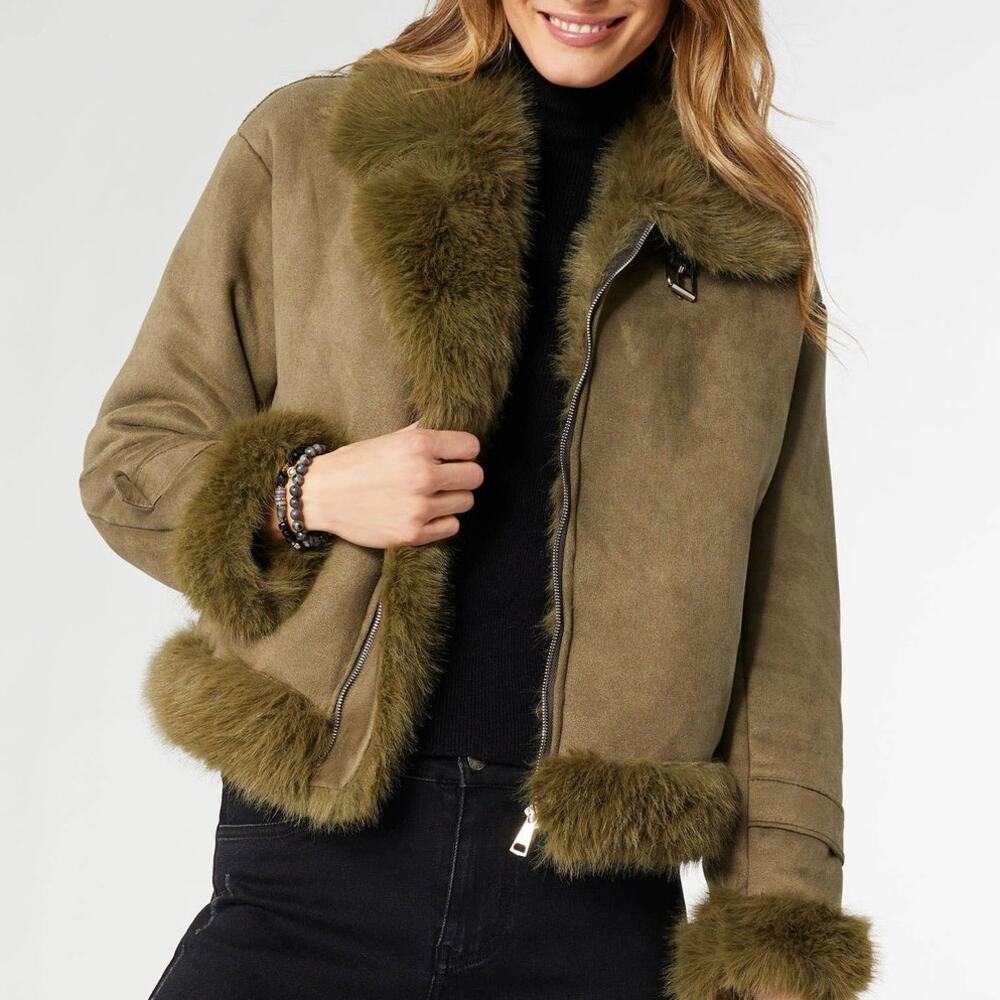 Dion Faux Fur Olive Moto Jacket